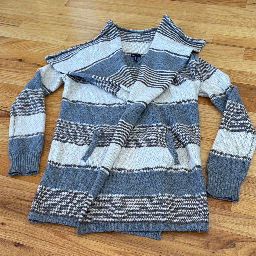 Splendid Greyish Blue , Burgundy and Cream Striped Wrap Sweater